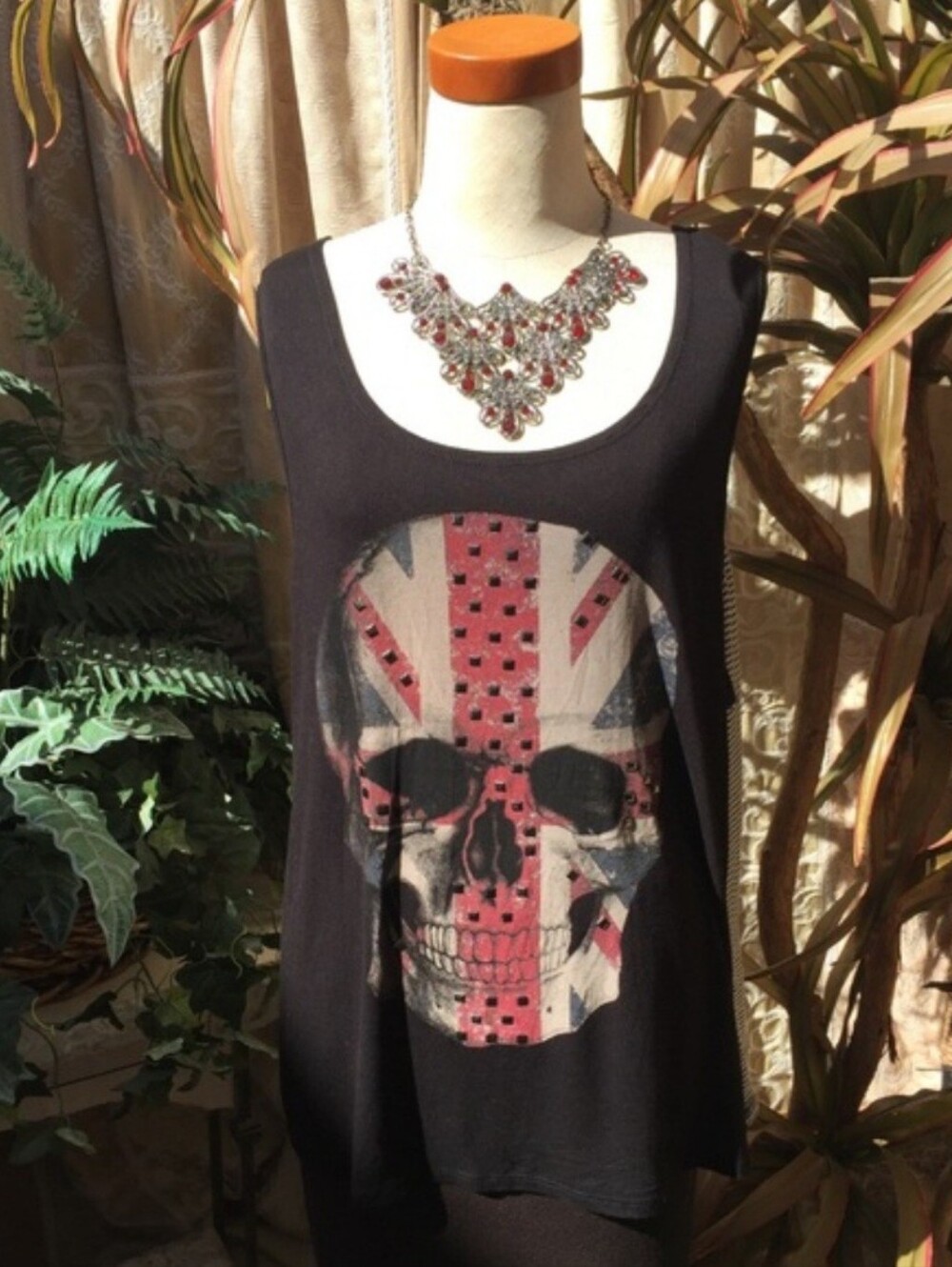 Union Jack British Skull Studded Tank top w/striped back- 1X
